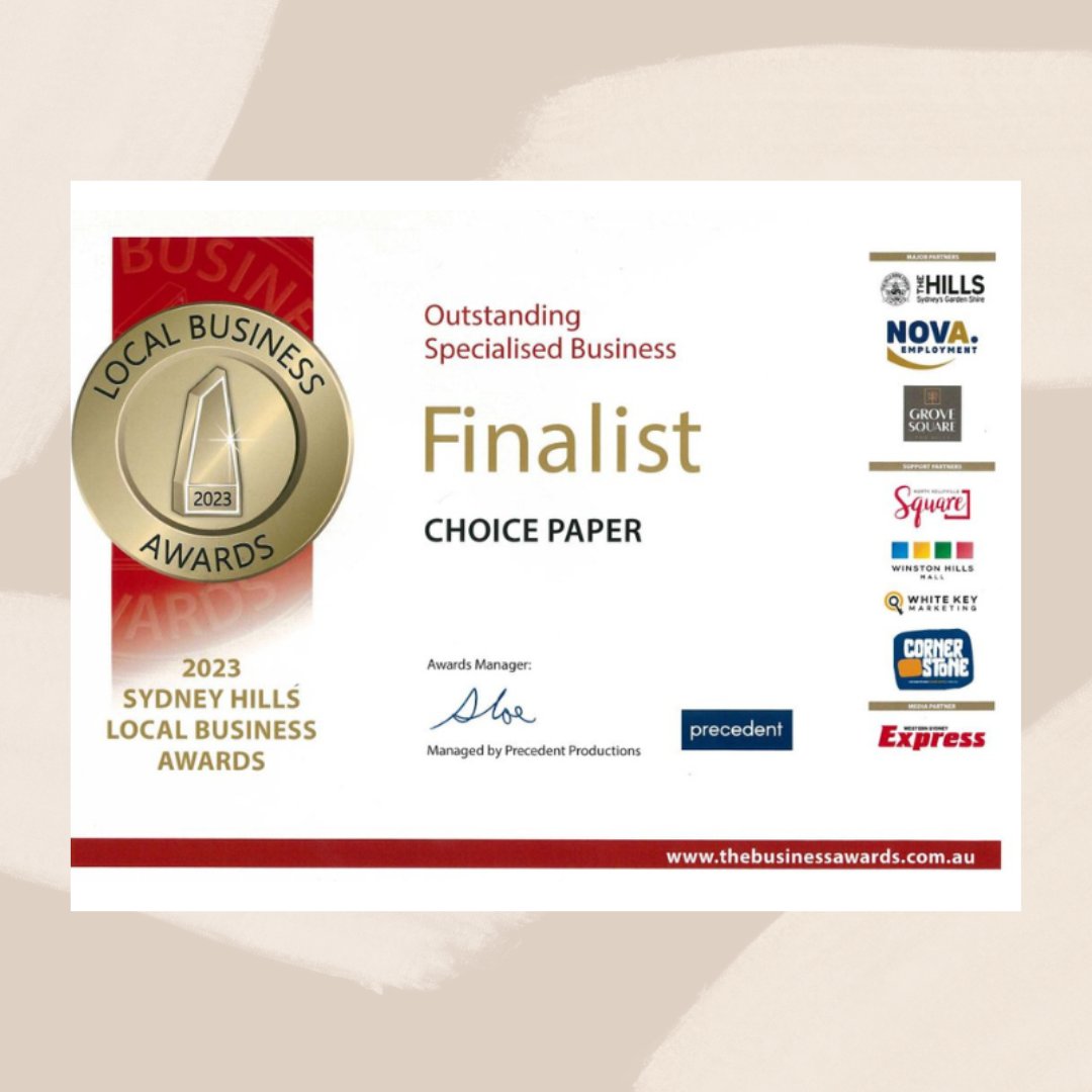 ChoicePaper's tweet image. We are thrilled to announce we have been nominated as finalists in the Sydney Hills Local Business Awards for the fourth year running!

We’d like to thank our wonderful customers for their continued support!