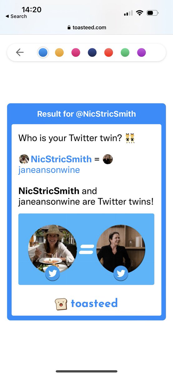 Not sure how this works but a silly fun game to distract me from my imploding inbox for a moment 
Hello Jane 👋 🍷 
Who is your Twitter twin? 👯

<a href="/NicStricSmith/">Nicky Smith #wine</a> = <a href="/janeansonwine/">jane anson</a>

NicStricSmith and janeansonwine are Twitter twins!

#twitterTwin 
toasteed.com/dk4mr1/pkl3xtzn
