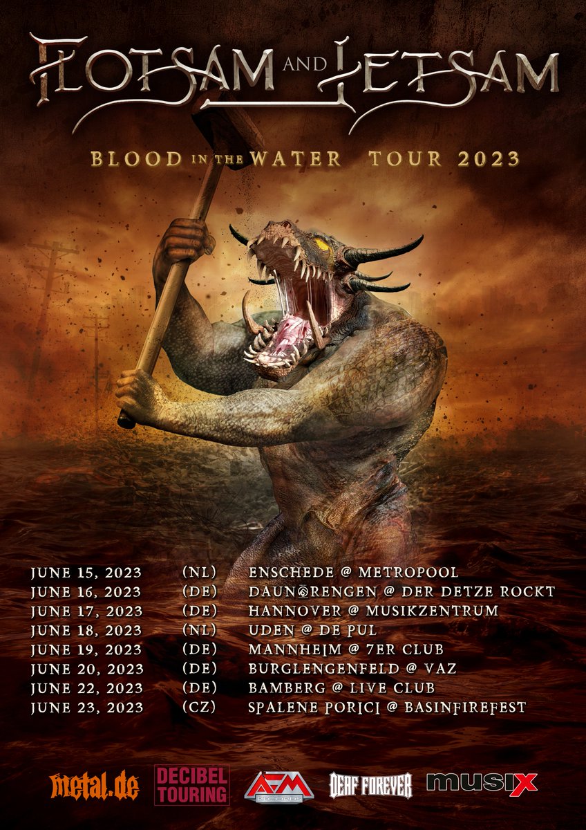 Who we'll be seeing in our upcoming 'Blood In The Water Tour 2023' dates in Europe this June? Come and throw down with us! #Flotzilla #FlotsamAndJetsam #BloodInTheWater #2023Tour #DecibelTouring @AFM_Records @deafforever2014