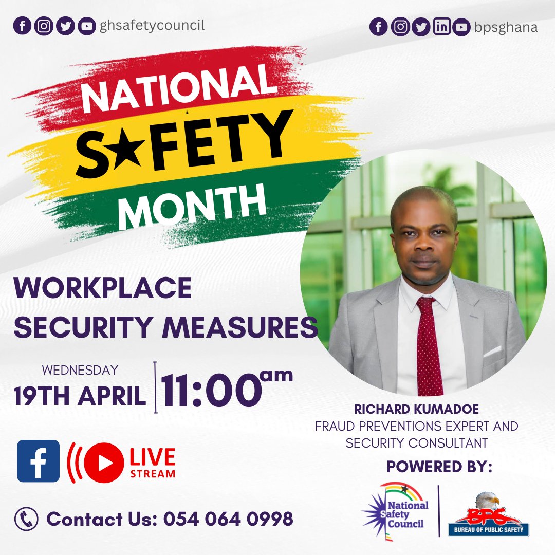 BPSGhana's tweet photo. This year's #NationalSafetyMonth continues with a Third Webinar Session tomorrow at 11:00 am, live on our Facebook Page. Stay tuned!!
#BPSWatch #NSM23 #GHSafetyCouncil #OSHE https://t.co/bi9HWSId5h