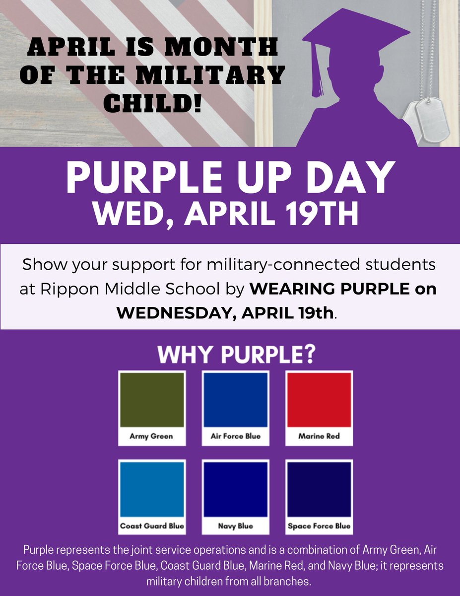 RPMSCounseling's tweet image. Tomorrow is #PurpleUpDay - wear purple to show support for our military-connected students at @RipponMiddle 💜 #MonthOfTheMilitaryChild #PWCS