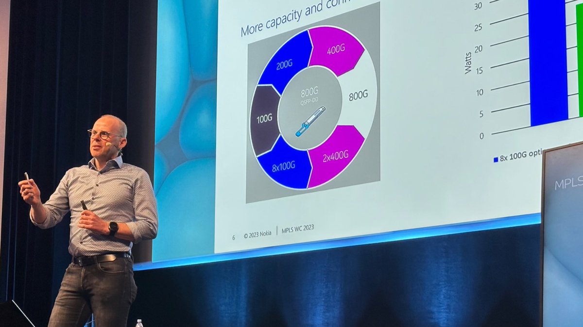 RolandT's tweet image. Bruno from @nokianetworks  has got the whole 800G in his hands at @UppersideC MPLS2023 event in Paris