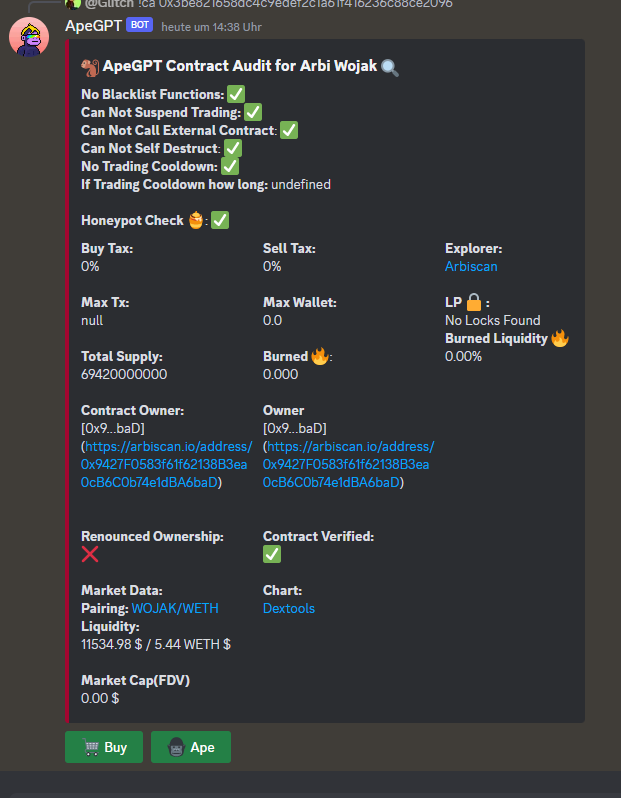 Crypto_Glitch_'s tweet photo. aped arbi $wojak at 23k @ArbiWojak 
not renounced yet. High risk https://t.co/D1B5Eceum2