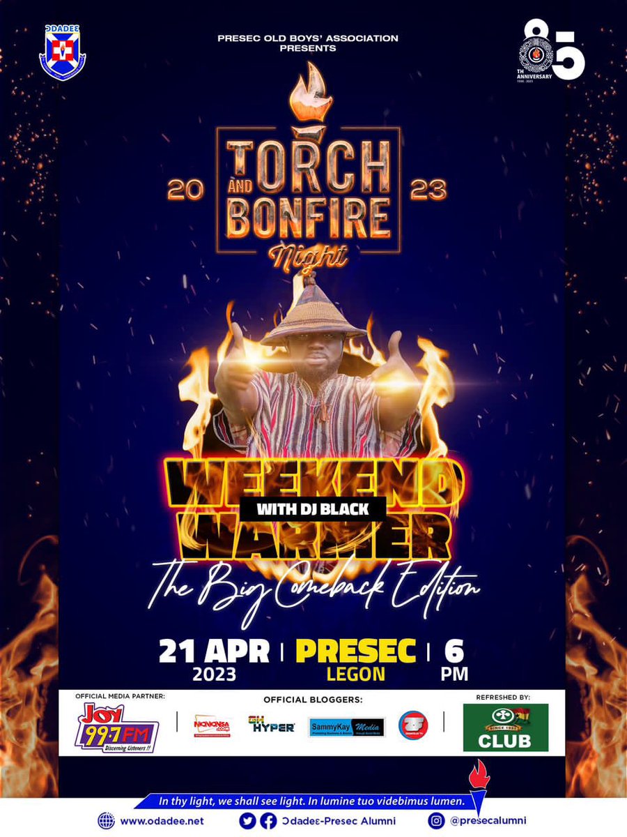 Joy997FM's tweet photo. Without tradition, art is a flock of sheep without a shepherd.
The Presec Torch and Bonfire night will be live this Friday, 21st April at 6pm at Presec, Legon with his royal blackness @djblack who will be repping live with his Weekend Warmer energy. Donβt miss it #Weekendwarmer https://t.co/7cg0z8bLP6