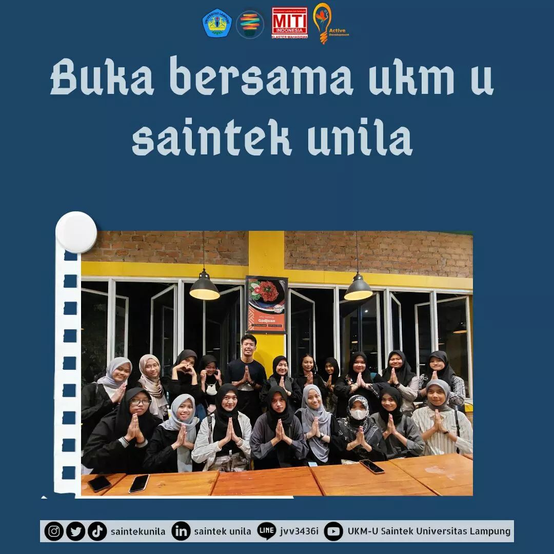 saintekunila's tweet image. [Telah Terlaksanakan]

Buka bersama teman-teman UKM U Sains dan teknologi Universitas Lampung

Jum&apos;at, 14 April 2023

Semoga tetap semangat dalam menjalankan ibadah puasa bagi yang menjalankanyaa

#saintekunila
#activedevelopment
#mudaberinovasi
#universitaslampung
