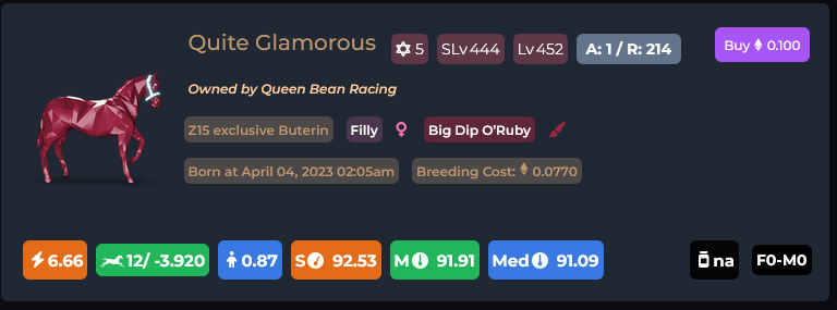 After selling Bo Jack Dash, the next project is Quite Glamorous. She's given me a 6 Paid 1sts already in Day 1 of owning her. Really nice to get a winning sniff of the Quite Original blood in her. Thanks <a href="/queenbeanracing/">queenbeanracing</a> for giving me a chance to own her!