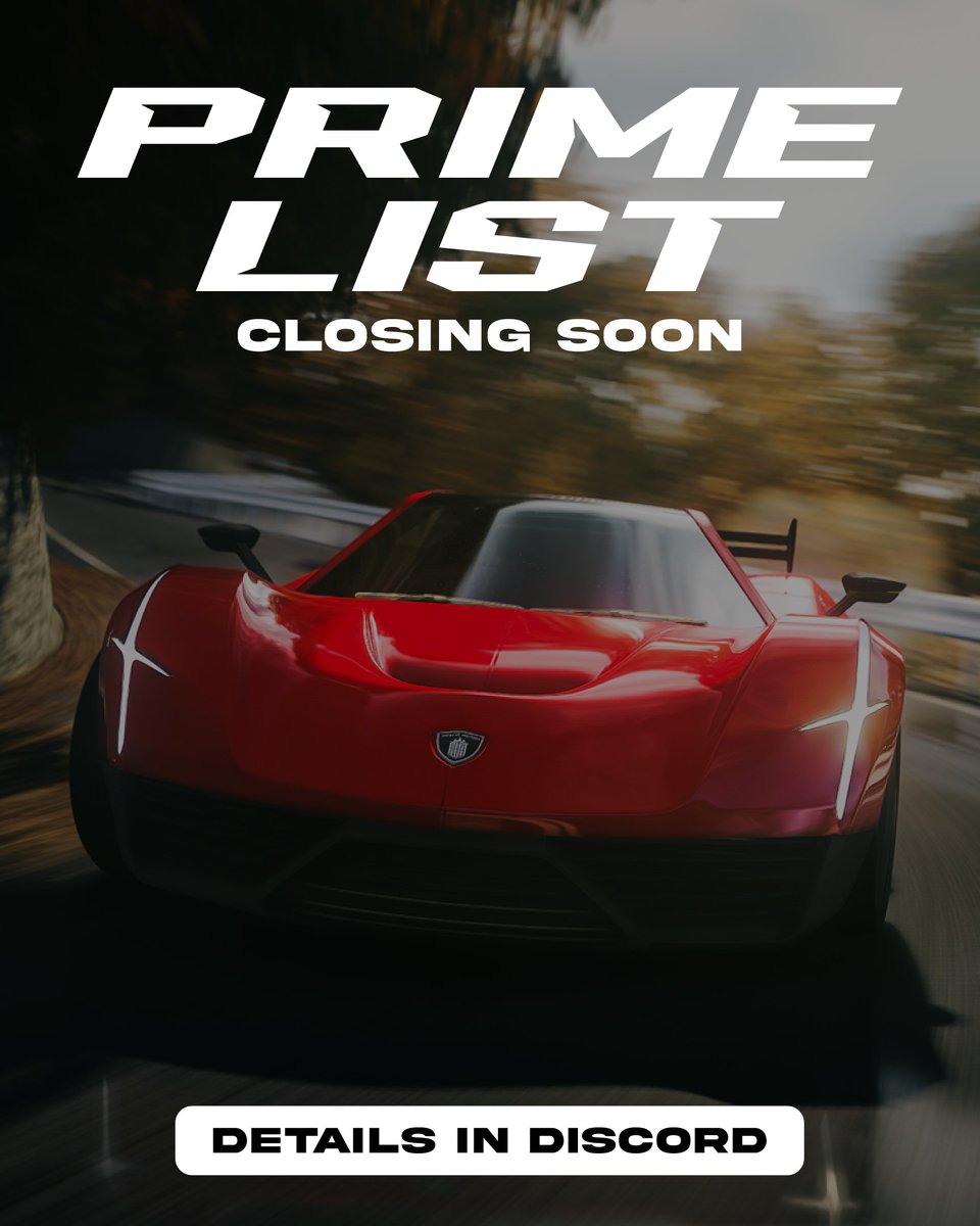 🚨 PRIMELIST CLOSING 🚨

Hey racers, this is a reminder that the Primelist Applications are closing on April 21, 2023, 11:59 PM.   

Benefits of Prime List:
- 5% Discount on Mint Price
- Increased Mint Limit to 10 Per Wallet

Apply Here: ✍️ 
gleam.io/competitions/d… 

Best of…