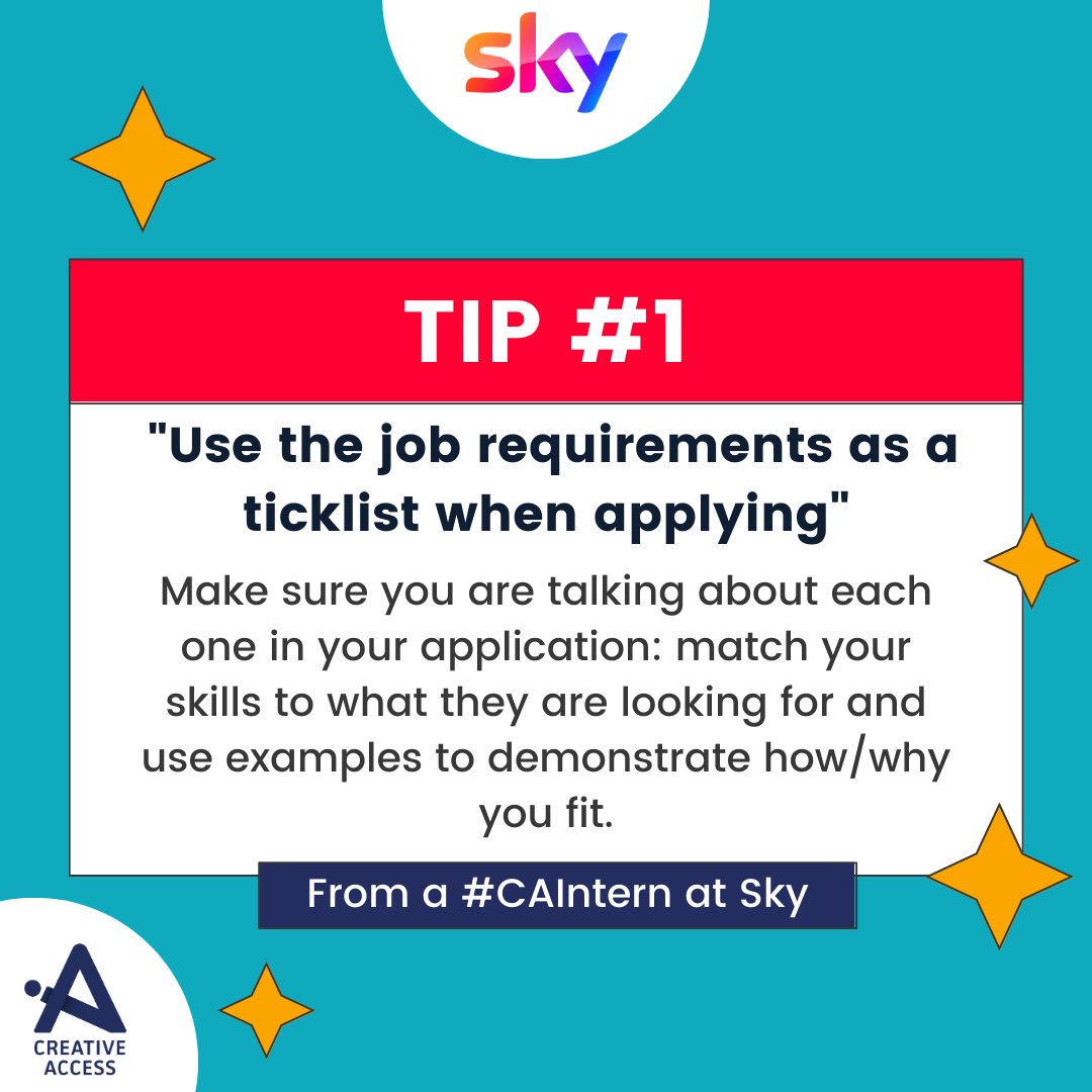 _CreativeAccess's tweet photo. Wondering what you need to impress the team at @SkyUK? 👀
Here are 2 golden tips from a #CAIntern currently on placement there! Now, use this advice wisely & apply for 12x paid internships in journalism, production & operations.
🔗 https://t.co/TxaC4YVWFl
📍 Osterley & Elstree https://t.co/7C4S4WPtHI