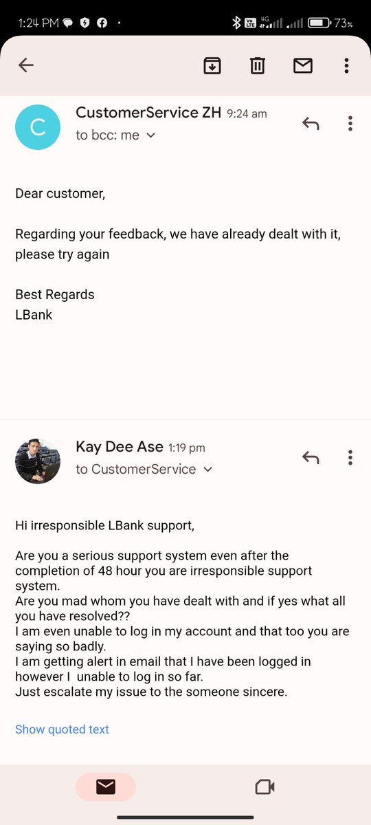 KayDeeAse's tweet photo. @LBank_Exchange I am unable to log in my LBank account last alost 3 days. I raised it unfortunately I find chat support totally irresponsible however email support even worse. Requesting #PatheticCustomerSupport to improve such malpractices. https://t.co/h1bMZIG5JF