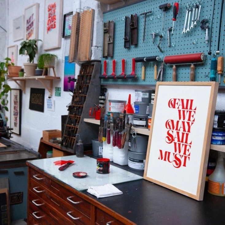 Fail We May, Sail We Must - awesome pic of this #typographic print in @itsonestrongarm’s studio ❤️
.
.
#popmembers #printspotters #printisntdead #peopleofprint #print #printmaking #printmaker #type #typography #letterpress #letterpressprint #printstudio