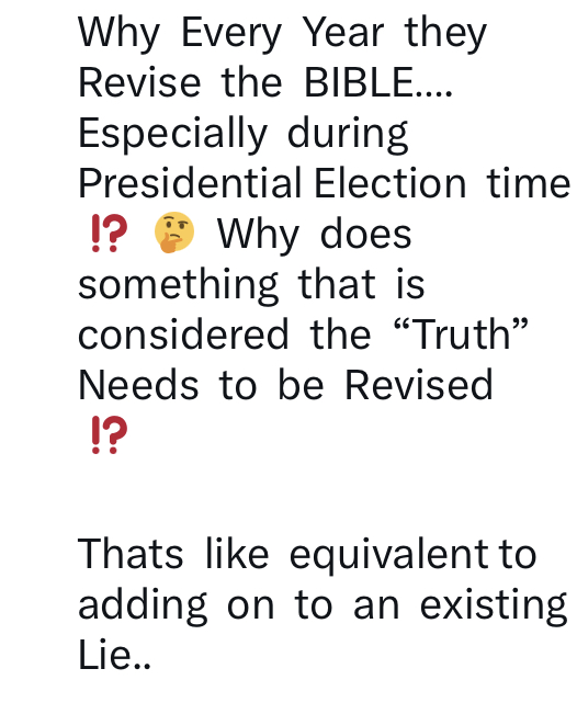 DYCELUS's tweet image. 🤔😬TOP OF THE MORNING :

I Needs some clarification from people  who are Deep into traditional Religion✝️☪️✡️🛐
 ( Not spirituality☯️🕉🧿🔮📿)…    
The  Bible  shouldnt  be  rewritten  if  its  suppose  to  be  ”The  Truth”  📷 #TheMatrixisReal #Tuesdaymorning #TuesdayFeeling