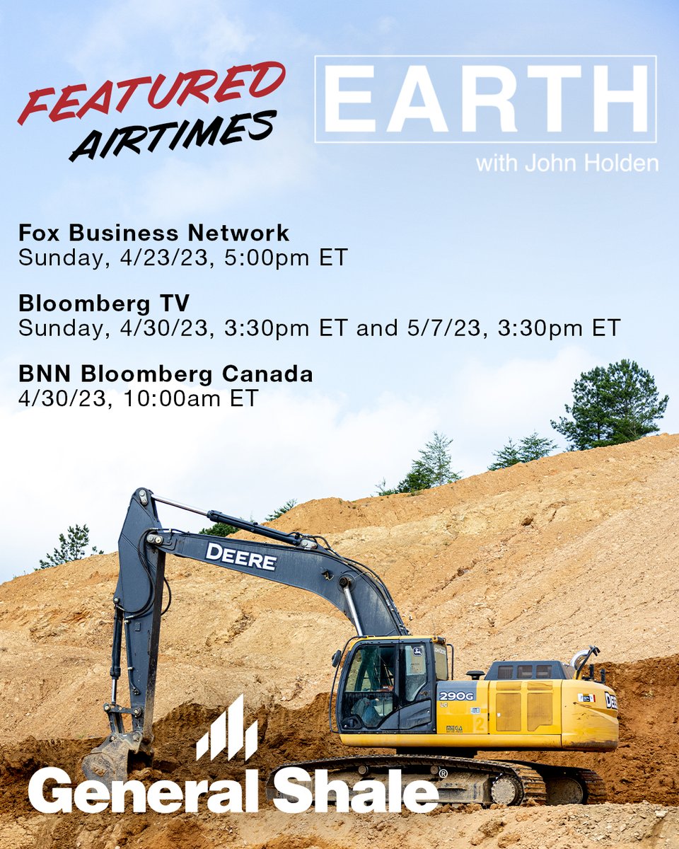 AIRING THIS SUNDAY📺
General Shale will be featured on <a href="/EarthWithJohnH/">EARTH with John Holden</a>  

The first airing will be on the Fox Business Network, April 23rd at 5:00 PM ET. Airings will also be featured on Bloomberg TV and BNN Bloomberg Canada.

#GeneralShale #Sustainability
