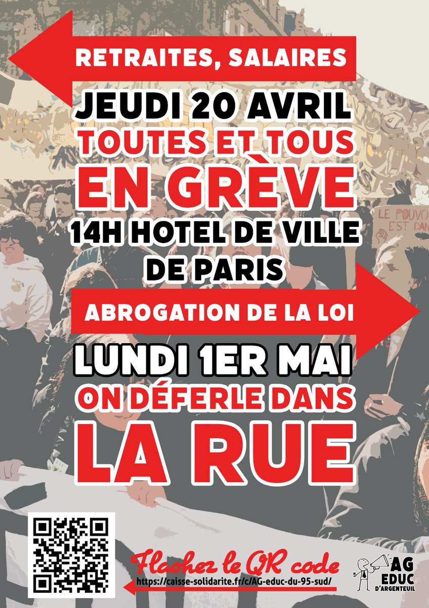 📢 Tract de l'AG Éducation 95 appelant à la #grève et à la #manifestation à Paris jeudi 20 avril, 14h, place de l'Hôtel de Ville, en direction du siège du MEDEF 
#greve20avril