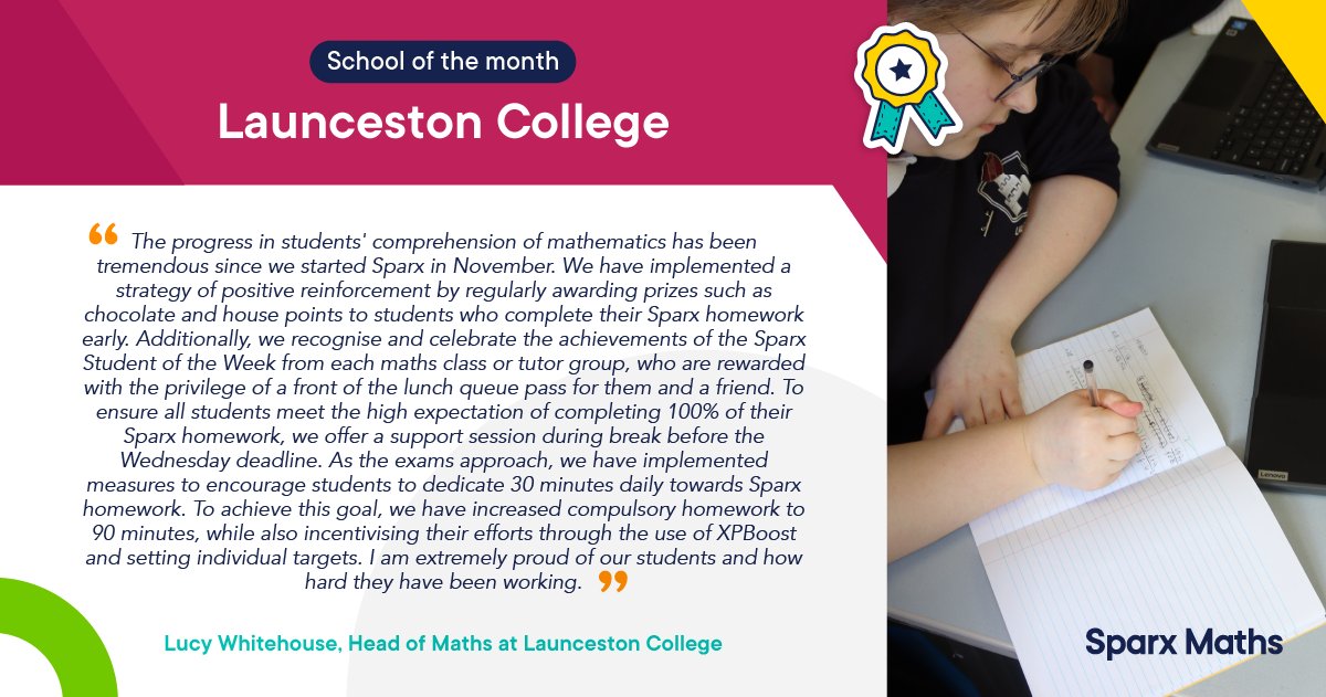 SparxMaths's tweet photo. Massive congratulations to @LauncestonCol for being our Sparx Maths School of the Month. https://t.co/zQzkK2zcvp