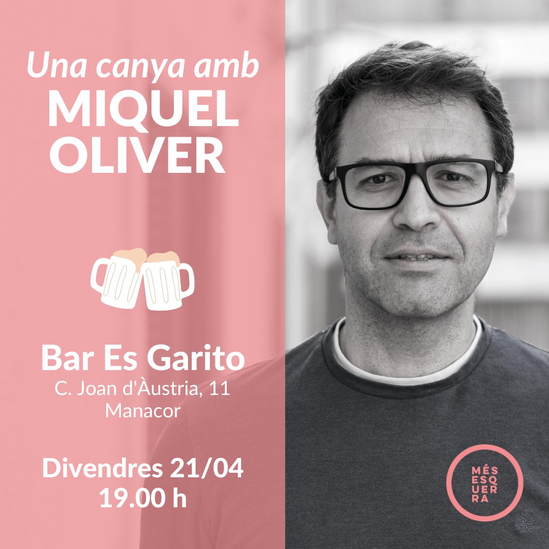 MesEsqManacor's tweet photo. 🍻 Vine a fer una canya amb el batle, @miquel_oliver

📍Bar Es Garito, Manacor. Divendres 21 d'abril a les 19 h.

#ViureMillor

#Manacor #Portocristo #SonMacià #Calesdemallorca #sIllot #CalaMurada https://t.co/76XRkF14ZO