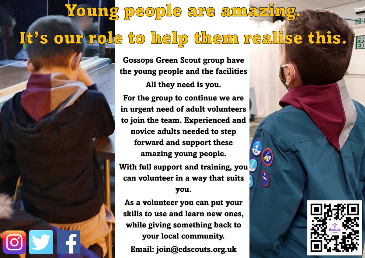 CrawleyScouts's tweet photo. 6th Crawley in Gossops Green are in need of volunteers to join the team. #scouts #goodforyou #skillsforlife #volunteering #crawley #gossopsgreen #cdscouts #wsscouts https://t.co/fTQth0lcId