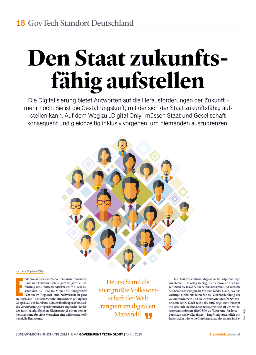 initiatived21's tweet image. Heute im @handelsblatt-Journal zum #HBGovTech: D21-Geschäftsführerin @LSMueller dazu, wie sich der Staat mit Digitalisierung zukunftsfähig aufstellen kann. Sie sagt: Auf dem Weg zu #DigitalOnly müssen Staat &amp;amp; Gesellschaft konsequent &amp;amp; inklusiv vorgehen, um niemanden auszugrenzen.