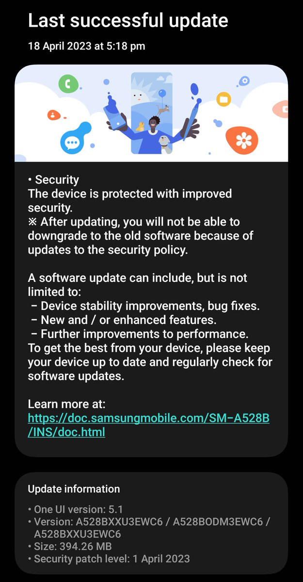 OAswinJKumarO's tweet image. (𝐍𝐞𝐰 𝐔𝐩𝐝𝐚𝐭𝐞)
Samsung #GalaxyA52s (India)
✅️Security Patch: April 2023

Size ~ 394.26 MB
