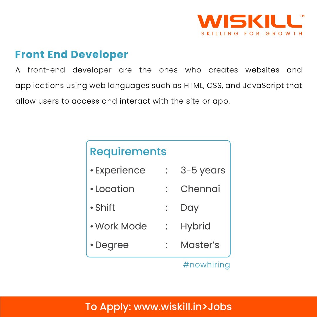 WiSkillOfficial's tweet photo. WiSkill is hiring front end developers! Does your profile match the job? Apply through the below
https://t.co/hg7gJEFW0N
#assessmenttestforjobs #jobcareertest #assessmentjobs #skilldevelopmentinstitutes #skilldevelopmentprograms #recruitersinindia #recruitmentservicesinindia https://t.co/hIy5J6YtIV