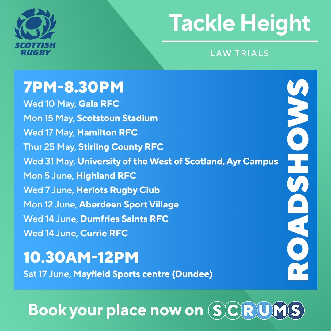 Scottish Rugby are engaging players, coaches and match officials in a series of Tackle Height Roadshows in May &amp; June.

Dates &amp; info ➡ bit.ly/3Ko7mJW