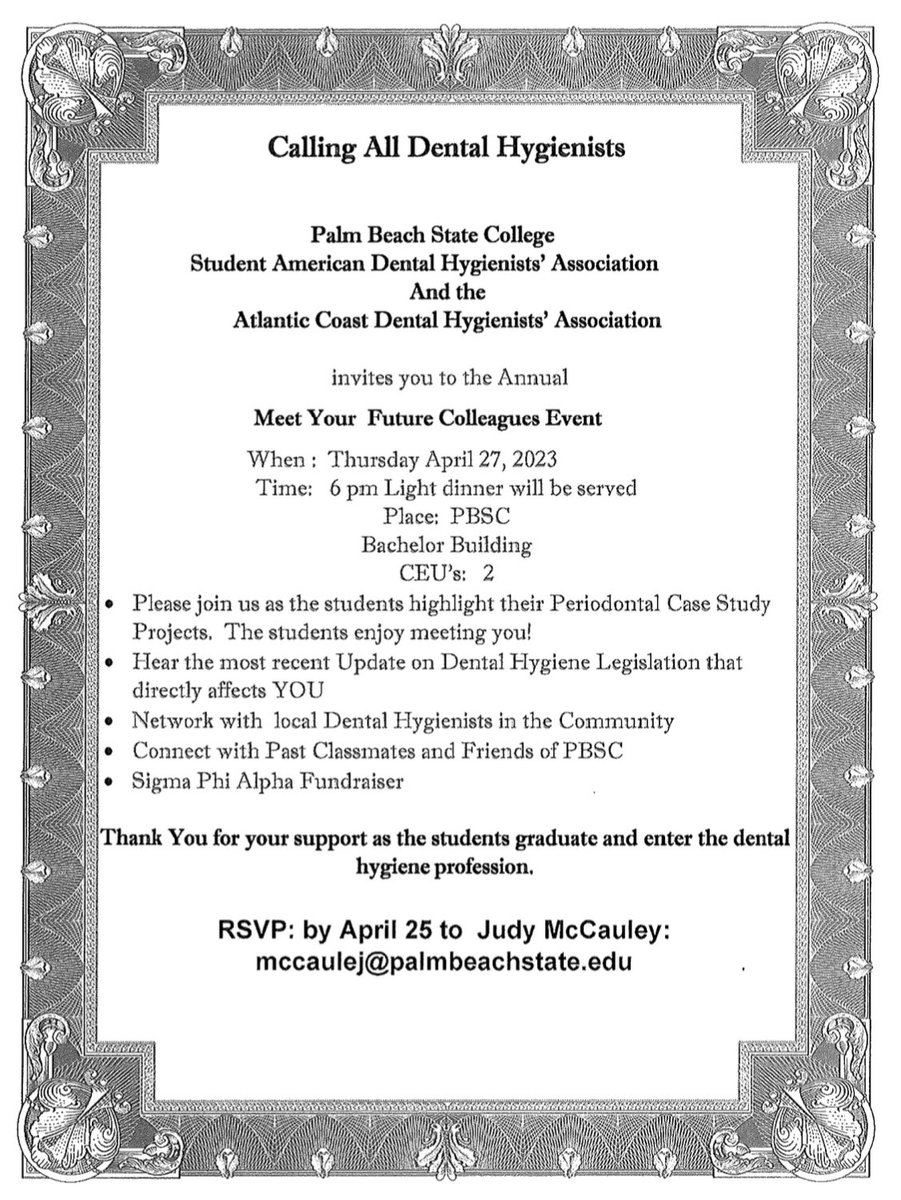 Join the Atlantic Coast Dental Hygienists’
Association and PBSC dental hygiene students and faculty for their annual Meet Your Future Colleagues event on Thursday, 04/27 at 6 PM.