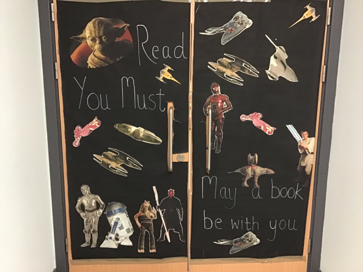 FHSschoolibrary's tweet photo. One of our pupil library assistants requested a Star Wars theme for our library doors this month.  Visit the library and see all the Star Wars and other science fiction books we have on offer. #weareFHS https://t.co/1BeeKXJsiV