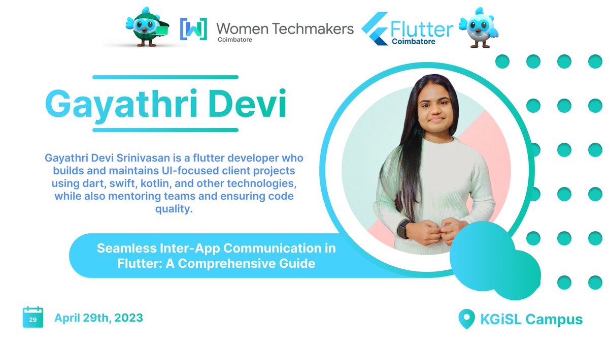 FlutterCbe's tweet image. Next Up we have @gayuga99 she is an expert in building beautiful UIs in Flutter here to talk about "Seamless Inter-App Communication in Flutter"
RSVP here: sites.google.com/view/flutter-c…
#flutteristas @geekyants @TheFlutterWizs #geekcare #flutterstater @gluestackio @WTMCBE #fluttercbe
