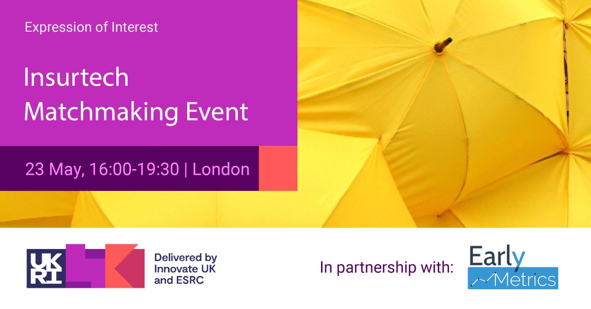 Innovate UK KTN in partnership with @earlymetrics
is hosting a matchmaking event on 23 May. This dedicated session will offer innovative start-ups and SMEs the opportunity to meet major insurance leading firms to help them solve R&amp;D challenges. More: bit.ly/43o2dKp