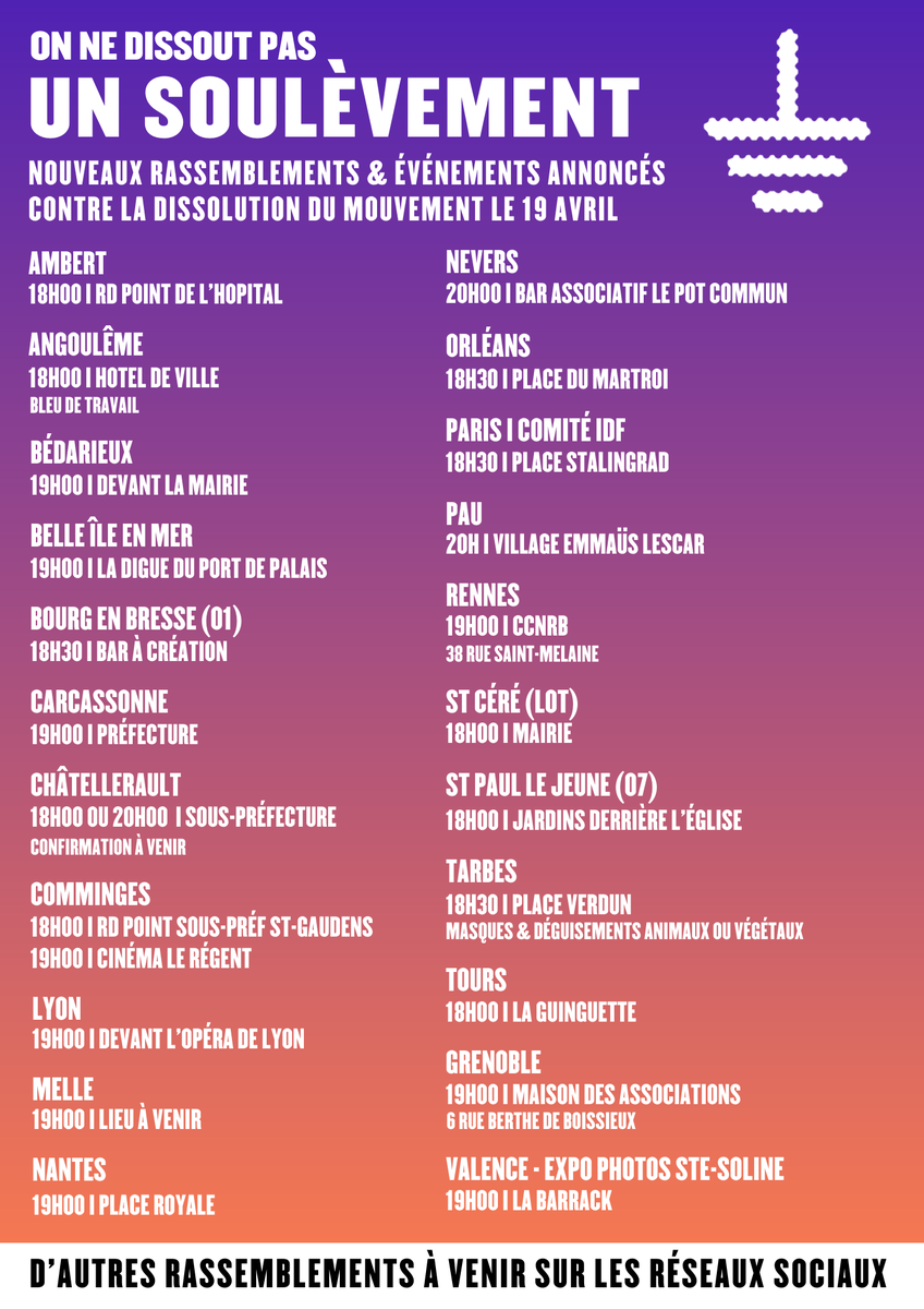 lessoulevements's tweet photo. #ContreDissolution | DES RASSEMBLEMENTS PARTOUT EN FRANCE  

La liste des premiers rassemblements et événements organisés par les comités demain soir, pour clamer que la dissolution des #Soulèvements sera inapplicable et que la lutte continuera !  

Voir les tweets suivants ⤵️ https://t.co/DcuYw7VOOQ