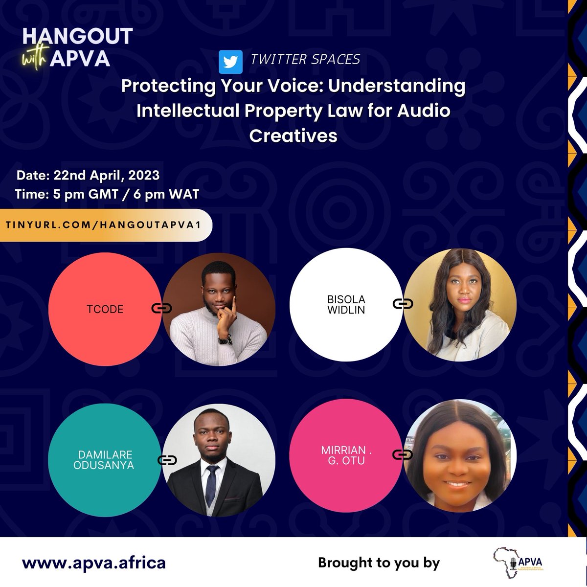 Do you know your rights as an audio creative? Our upcoming event will equip you with the knowledge you need to protect your voice and intellectual property. Save the date!
..
.
.
.
#APVA #HangOutwithAPVA #TheAfricanCreative #Voiceovers #Law #Legal
