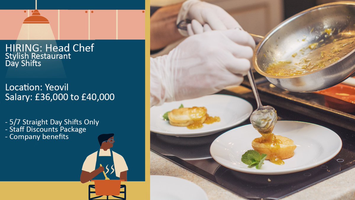 HIRING: Head Chef
Stylish Restaurant
Day Shifts

Location: Yeovil

To find out more about this role and how to apply, please head to our website: ttwrecruit.co.uk/job/head-chef-…

#TTWRecruitment #headchefrole #chefroles #chefjobs #jobsinYeovil #jobhunting