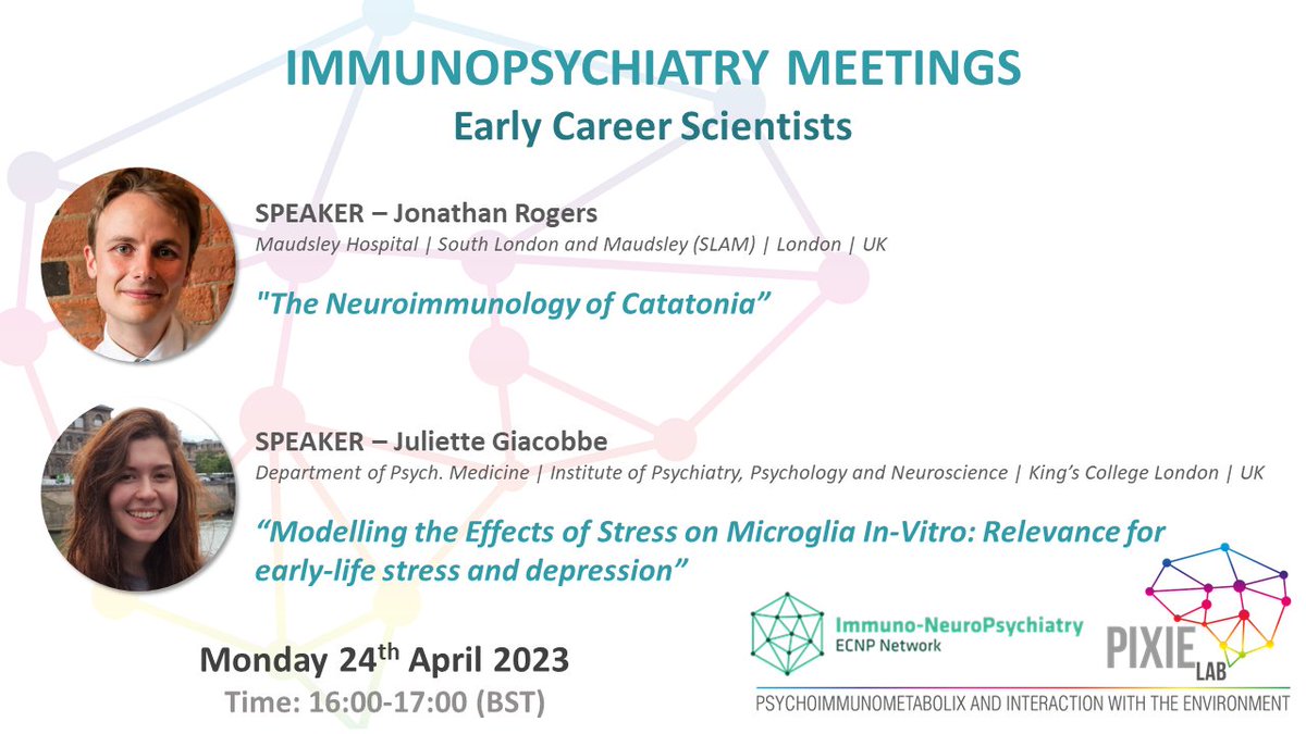PIXIE Lab (@pixielabkcl) on Twitter photo Our next immunopsychiatry meeting is only 6 days away!! Tune in next Monday at 4pm UK time to hear from <a href="/drjprogers/">Jonathan Rogers</a> and <a href="/j_giacobbe/">Juliette Giacobbe</a> #neuroimmunology #stress #catatonia Our next immunopsychiatry meeting is only 6 days away!! Tune in next Monday at 4pm UK time to hear from <a href="/drjprogers/">Jonathan Rogers</a> and <a href="/j_giacobbe/">Juliette Giacobbe</a> #neuroimmunology #stress #catatonia
