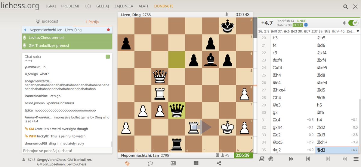 LeoLjubicic66's tweet image. Ding losing his marbles in zeitnot, but more importantly, real dramma happens in @tcec Season 24 superfinal match, @stockfishchess says it has winning chances, @LeelaChessZero cool as ice.
#NepoDing #TCEC