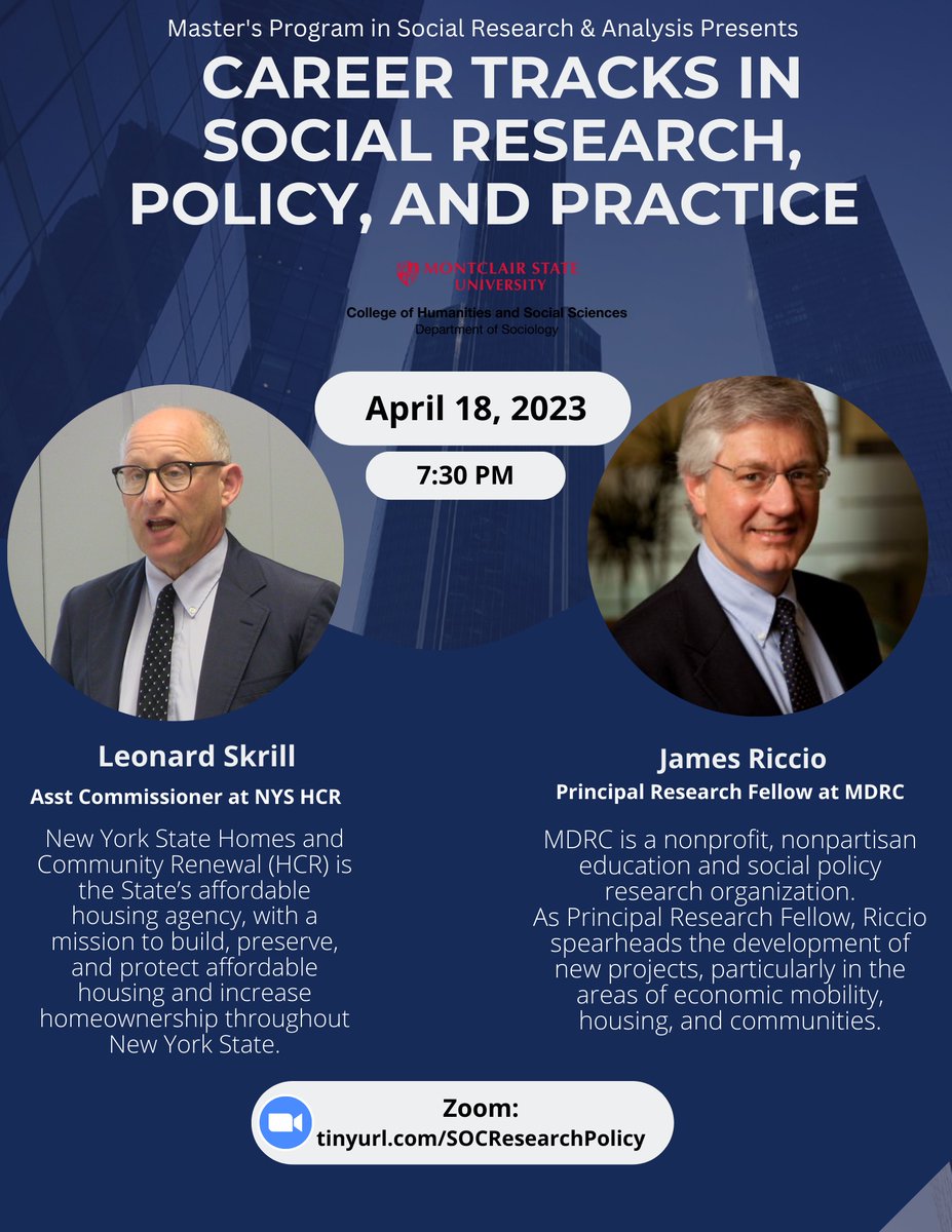 Tonight, join us to learn about work and internship opportunities from two senior leaders in housing and community policy &amp; practice. 

Brought to you by the Sociology Department and the MA program in Social Research &amp; Analysis