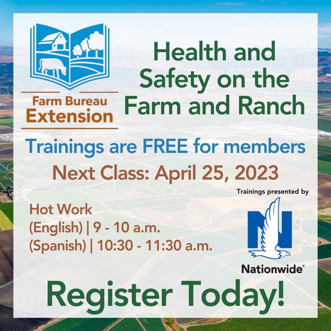 California Farm Bureau is pleased to offer this year-long program of Zoom-based training sessions by Nationwide. The next class: Hot Work is on April 25th. Register here: cfbf.com/FarmBureauExte…