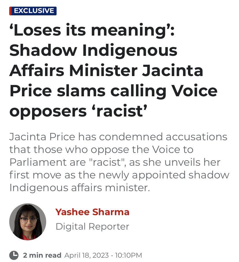 I’ve been called that “slur” for saying I will vote no…but here’s a problem now for the mentally deranged left: how do you call a lady of Aboriginal Australian heritage a “racist” for being against The Voice?

#JacintaPrice is now The Voice.

Congrats to her.