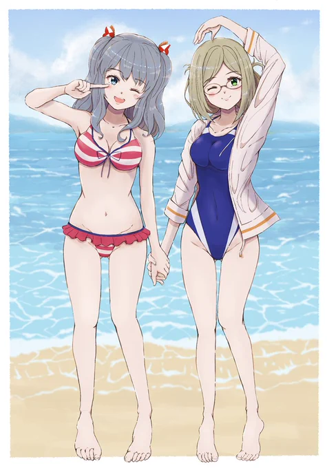 泳ぎが苦手な方向けに、当鎮守府では練習艦の二人がレッスンを行っておりますのでお気軽にご参加下さい!(∩'∀`)∩#艦これ #鹿島 #香取 
