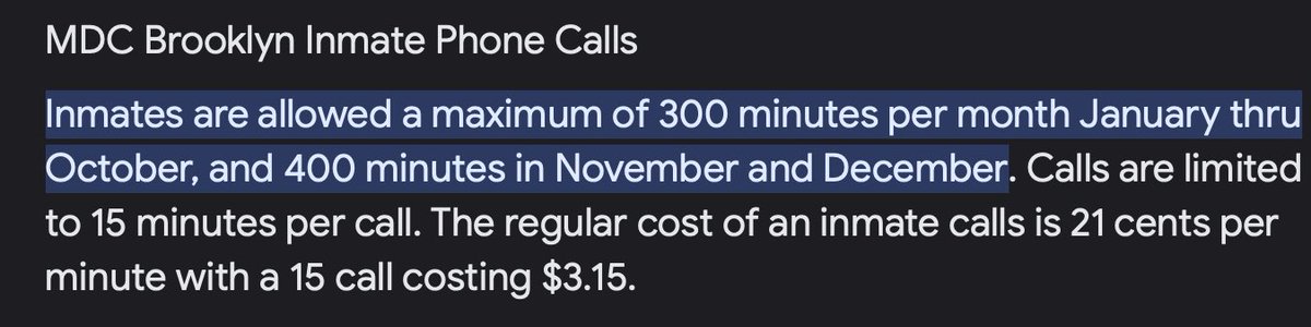 因為郭文貴打了個電話，自己被打臉了，就成為美國司法不行，囚犯也有權利：
布魯克林拘留中心囚犯電話權利：
1 月至 10 月，囚犯每月最多可使用 300 分钟，11 月和 12 月最多可使用 400 分钟。通话时间限制为每次通话 15 分钟。囚犯通话的正常费用为每分钟 21 美分，15 次通话的费用为 3.15 美元。