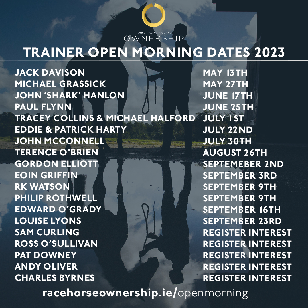 Trainer Open Morning Dates 2023 🏇 

Visit some of Irelands top racehorse trainers and get an exclusive:

✅ behind the scenes look 
✅ access to the gallops
✅ chat to the trainers

Sign up now ➡️ bit.ly/3mlyZLT

#TrainerOpenMorning #MeetTheTrainer #TheNextLevel