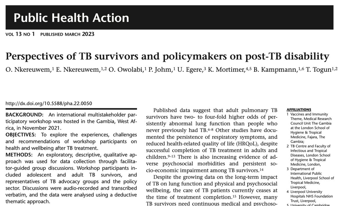 “…I noticed a large change in my abilities to do physical activities,...”

Just in time for the 2nd @PostTBSymposium - in a pilot #participatory research in #WestAfrica, we report the experiences of adolescent- & adult-#TBsurvivors on #postTBdisability.

bit.ly/3olcZ4b