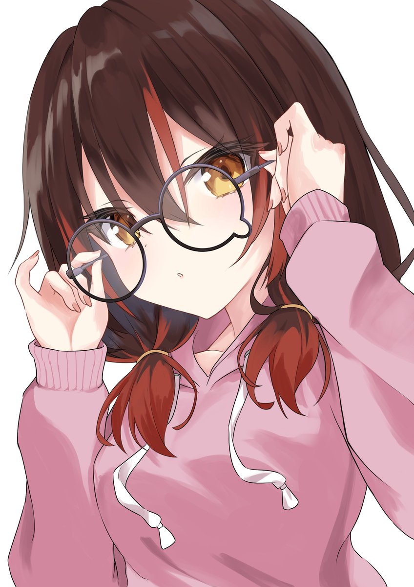 roboco-san 1girl pink hoodie solo glasses hoodie hood brown hair  illustration images