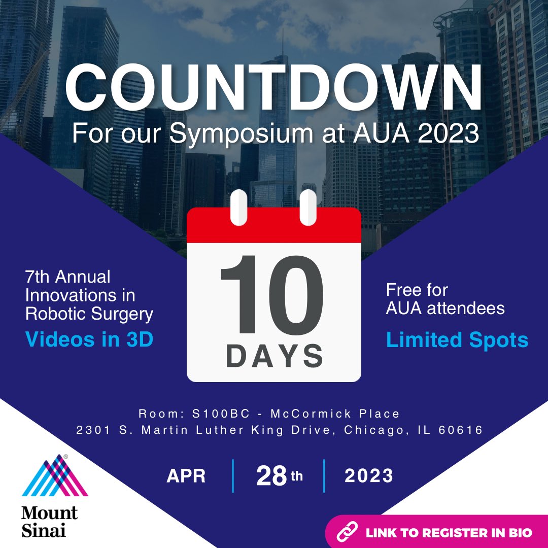 Join us for a groundbreaking event! Our Innovations in Robotic Surgery videos in 3D symposium at AUA is only 10 days away. Spots are limited. RSVP now: bit.ly/3FdqXuB #urology #Roboticsurgery #AUA2023 #healthcare #medical @AmerUrological @AshTewariMD @NYCRoboticTeam