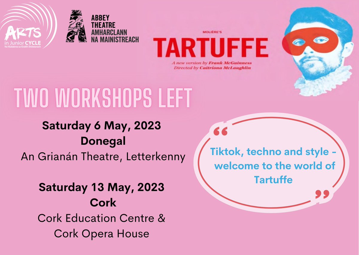 Join us in Donegal on 6 May or Cork on 13 May as we explore costume & set design of @AbbeyTheatre production of Tartuffe. This play is now on nationwide tour, offering teachers the opportunity to enjoy the production and engage in a workshop! Reg here: artsinjuniorcycle.ie