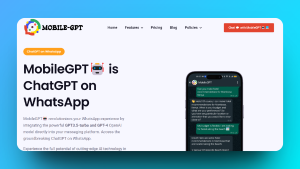 <a href="/mckaywrigley/">Mckay Wrigley</a> 3. ChatGPT on WhatsApp

Ask questions and talk to ChatGPT in a WhatsApp conversation

→ mobile-gpt.io