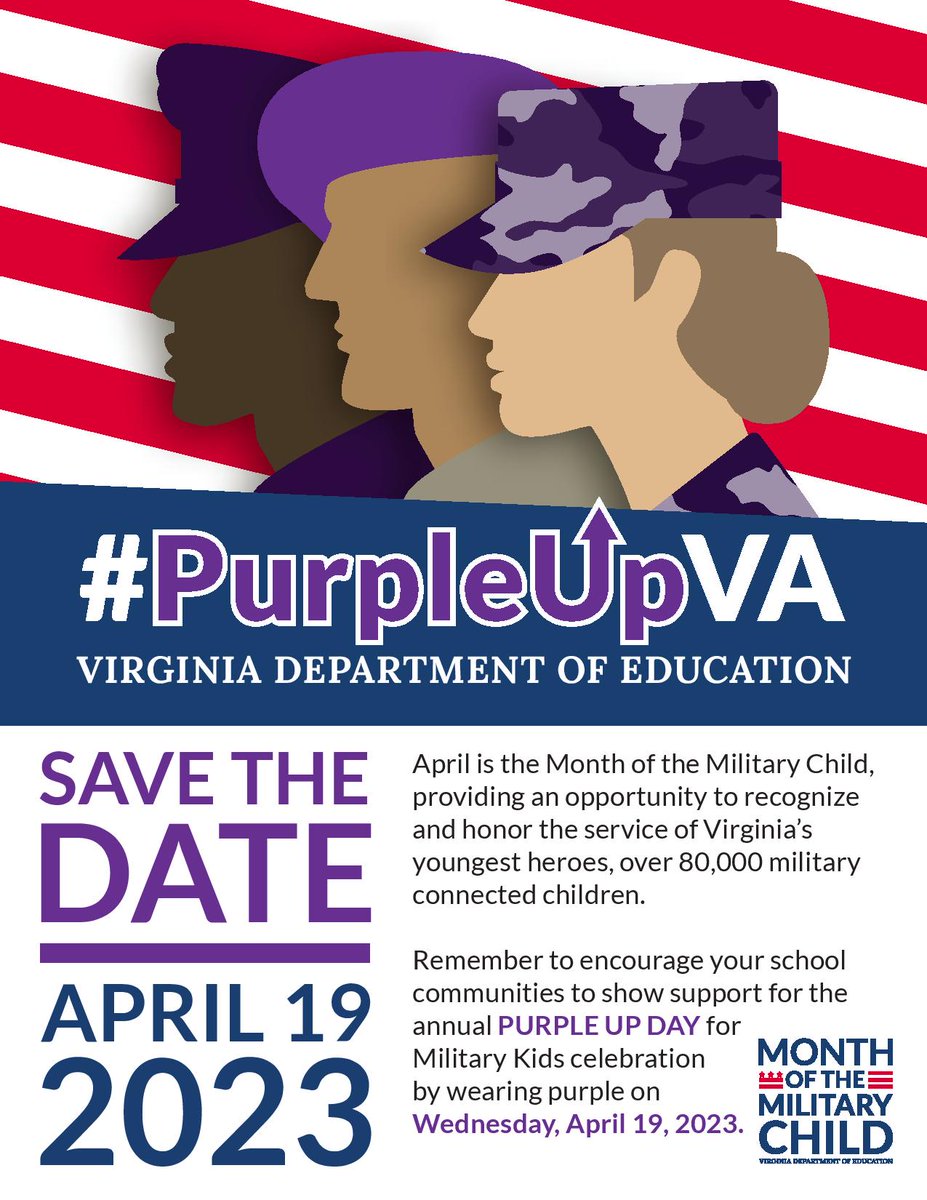 DCHHornets's tweet photo. Tomorrow is Purple Up day! Wear purple and show your support for our military connected students at Deep Creek. We have over 200 military connected students! https://t.co/Cy0bN71kAv