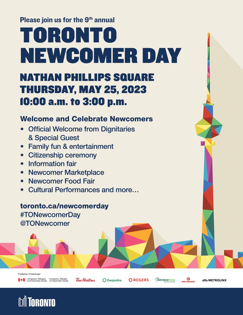 Join #TONewcomerDay at Nathan Phillips Square on May 25, and help welcome #newcomers to #Toronto with activities and entertainment at this showcase of our diverse communities, plus get a free <a href="/TimHortons/">Tim Hortons</a> beverage! More details here - toronto.ca/community-peop… #immigrants #inclusion