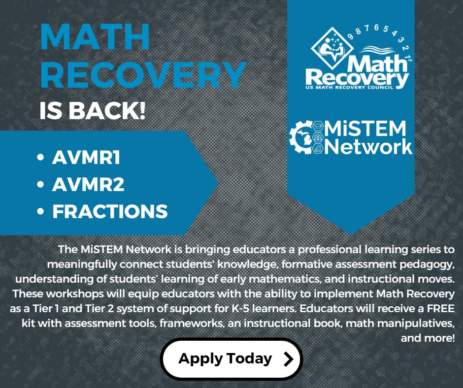 KRESAIS's tweet image. Unlock your K-5 students&apos; math abilities this summer with Math Recovery cohorts from MiSTEM Network! Join 10 interactive cohorts on AVMR1, AVMR2, &amp;amp; Fractions to build a powerful Tier 1 &amp;amp; Tier 2 system of support.📚👨‍🏫👩‍🏫#MathRecovery #MiSTEM Apply: bit.ly/41BWZcl