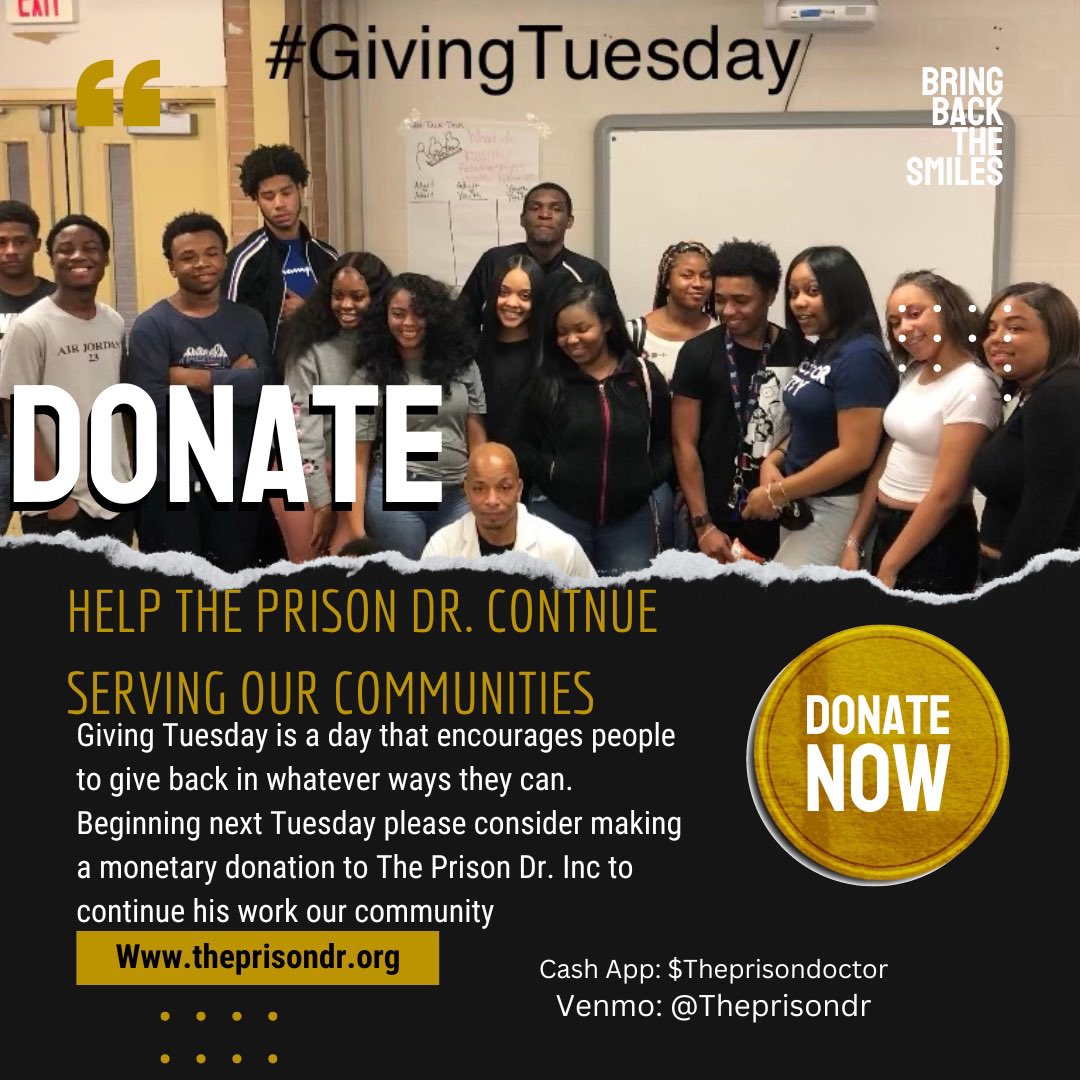 Today at The Prison Dr. organization is #GivingeveryTuesday. Giving Tuesday is a day that encourages people to give back in whatever ways they can. Please consider making a monetary donation to The Prison Dr. to continue his work in our community.