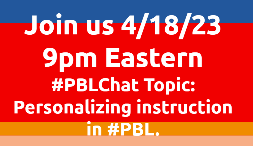 @ChrisGibsonEdu (@chrisgibsonedu) on Twitter photo Personalized learning and #PBL! Join the conversation with #PBLChat tonight at 9:00 pm Eastern!
<a href="/GreenGTAIM/">Carrie Sledge</a> <a href="/sking_fce/">Stevendy King, M ED</a> <a href="/mareewhiteley/">Maree Whiteley🌏👫</a> <a href="/rolat/">Rola Tibshirani (She/Her)</a> @beauhawked <a href="/TschlatterJ/">Tim Schlatter</a> <a href="/MissGerman14/">Miss German</a> @emilyjedinak <a href="/teachingkinder2/">Carrie Rice</a> <a href="/JordanD75860910/">Jordan Dexter</a> Personalized learning and #PBL! Join the conversation with #PBLChat tonight at 9:00 pm Eastern!
<a href="/GreenGTAIM/">Carrie Sledge</a> <a href="/sking_fce/">Stevendy King, M ED</a> <a href="/mareewhiteley/">Maree Whiteley🌏👫</a> <a href="/rolat/">Rola Tibshirani (She/Her)</a> @beauhawked <a href="/TschlatterJ/">Tim Schlatter</a> <a href="/MissGerman14/">Miss German</a> @emilyjedinak <a href="/teachingkinder2/">Carrie Rice</a> <a href="/JordanD75860910/">Jordan Dexter</a>