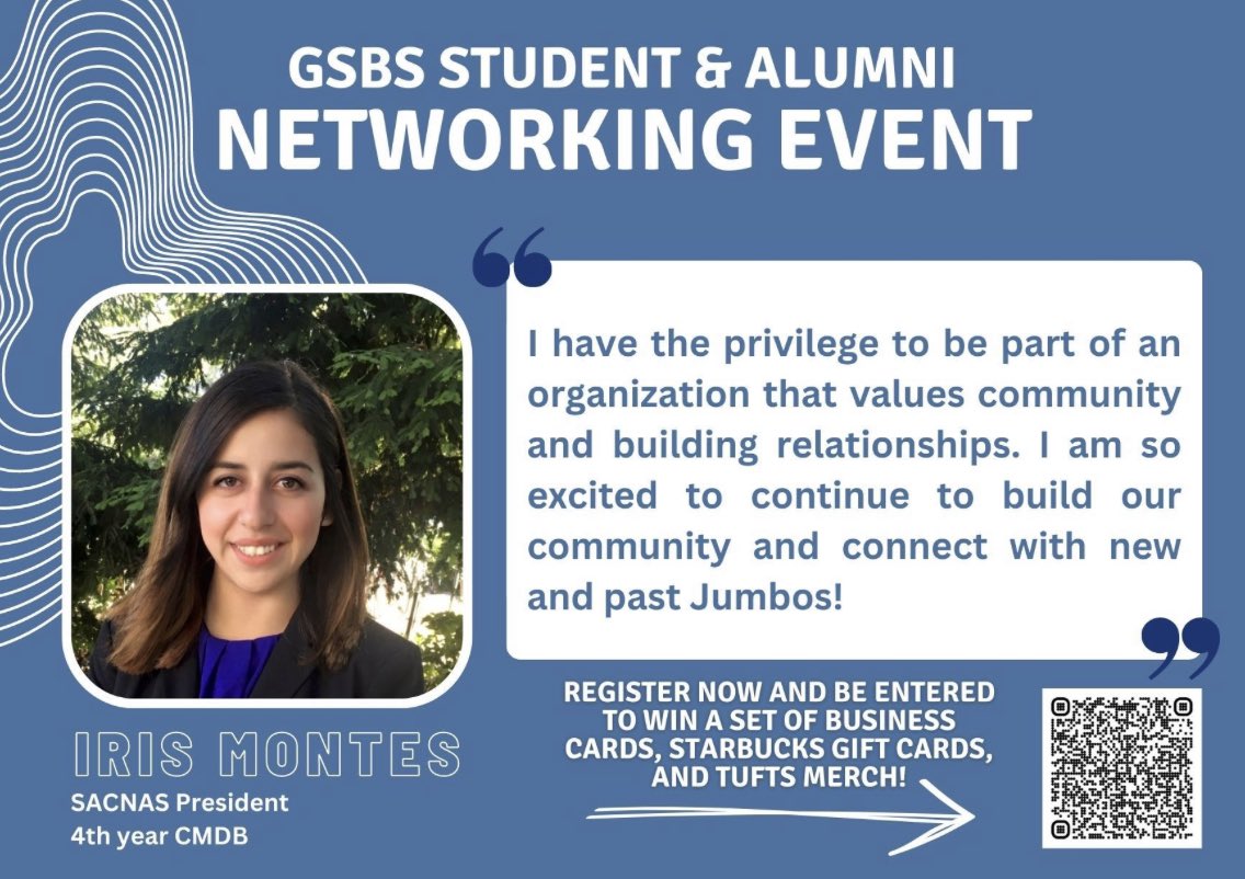 TuftsSACNAS's tweet photo. We're back to remind you to register for the upcoming GSBS Student-Alumni Networking Event. Join us and @IrisMontes19 on Wednesday April 26th from 5-7 pm to learn what "networking" means in the context of academia and industry.

Register today using the QR Code! https://t.co/1raXdmEaNb